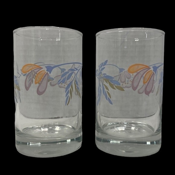Vintage Libbey Crisa Floral Print Breakfast Juice Glasses Blue Pink 5 Oz 2 Set - Picture 9 of 11